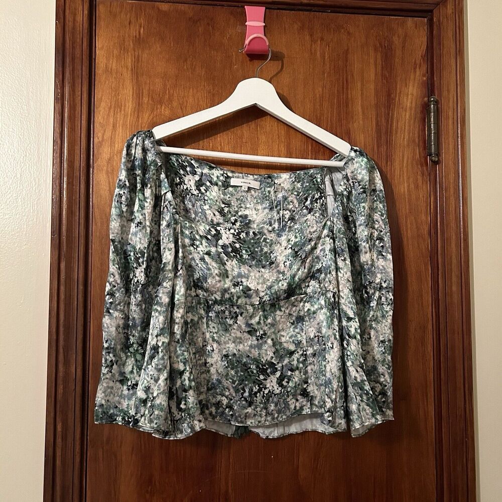 Vince Satin Blouse Green White Floral Square Neck Painted Cropped Women's 8 NWT - Picture 2 of 13